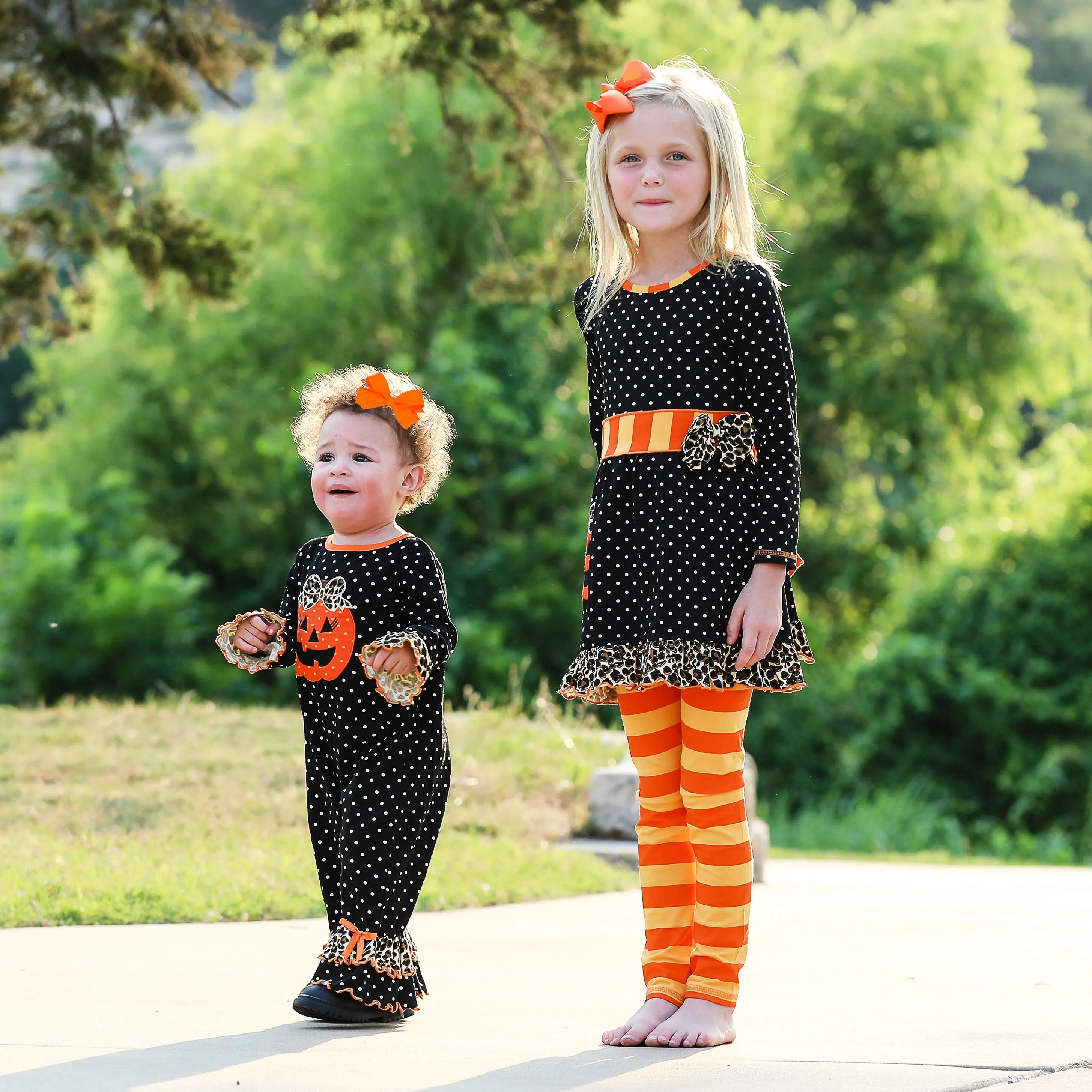 AnnLoren Baby Girls Orange pumpkin Jack O Lantern Halloween Romper