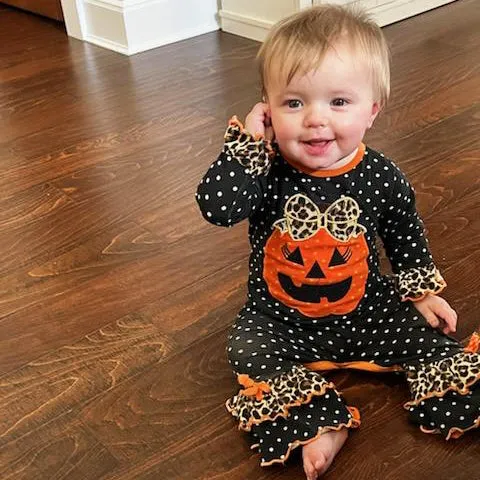 AnnLoren Baby Girls Orange pumpkin Jack O Lantern Halloween Romper