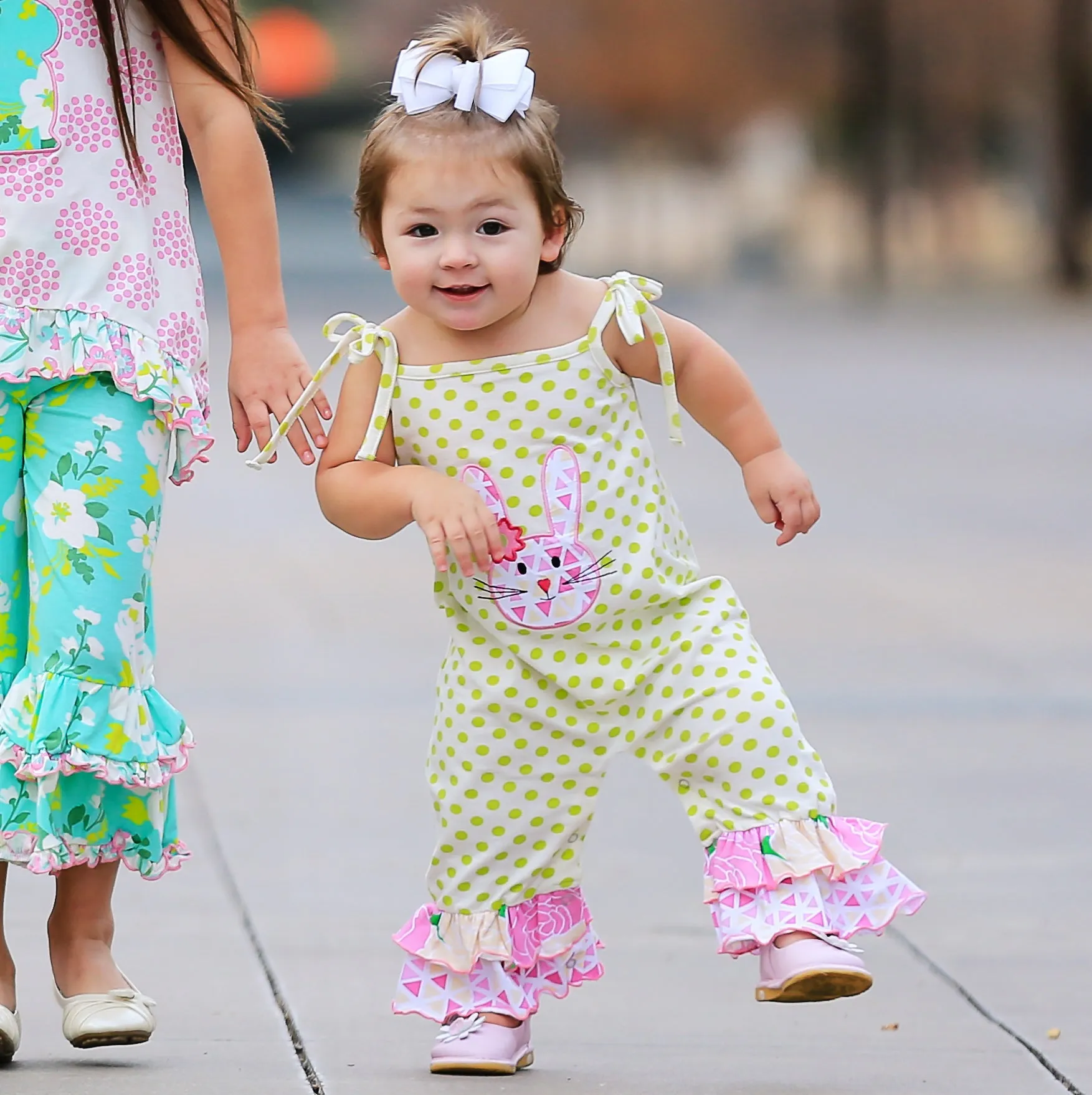 AnnLoren Easter Bunny Baby Girl's Romper Polka Dot Ruffles Holiday Outfit Jumpsuit Playsuit