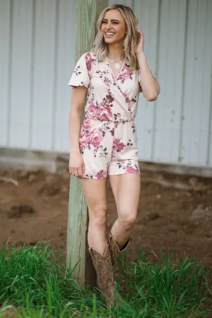 Beige Floral Print Surplice Front Knit Romper