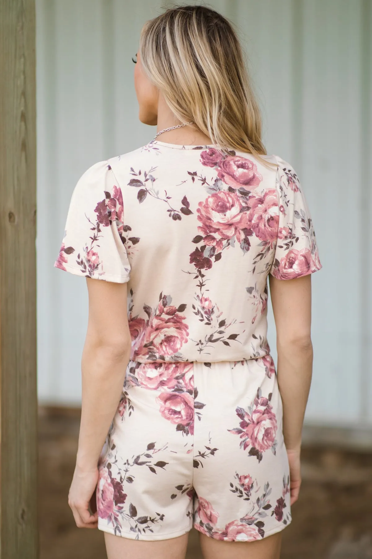 Beige Floral Print Surplice Front Knit Romper
