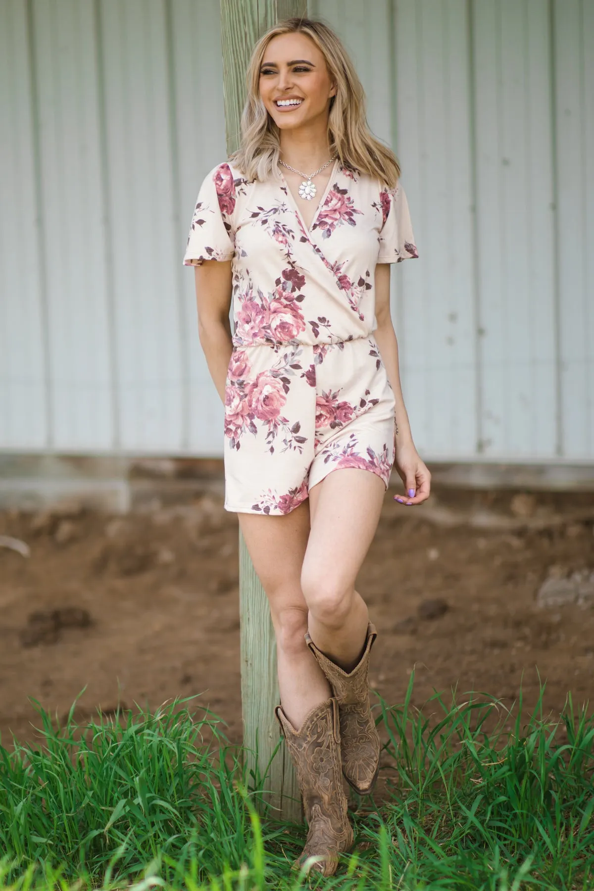 Beige Floral Print Surplice Front Knit Romper