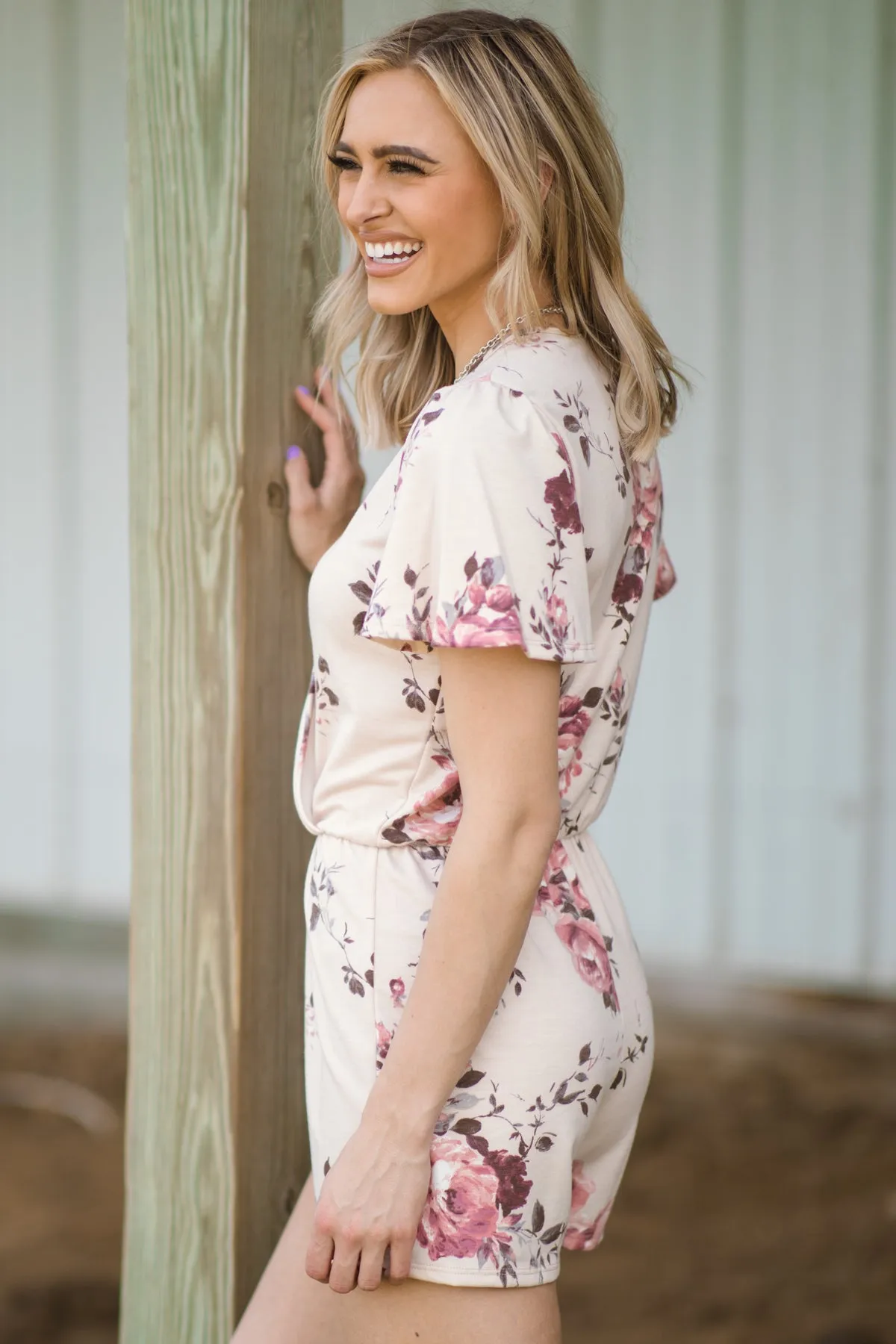 Beige Floral Print Surplice Front Knit Romper
