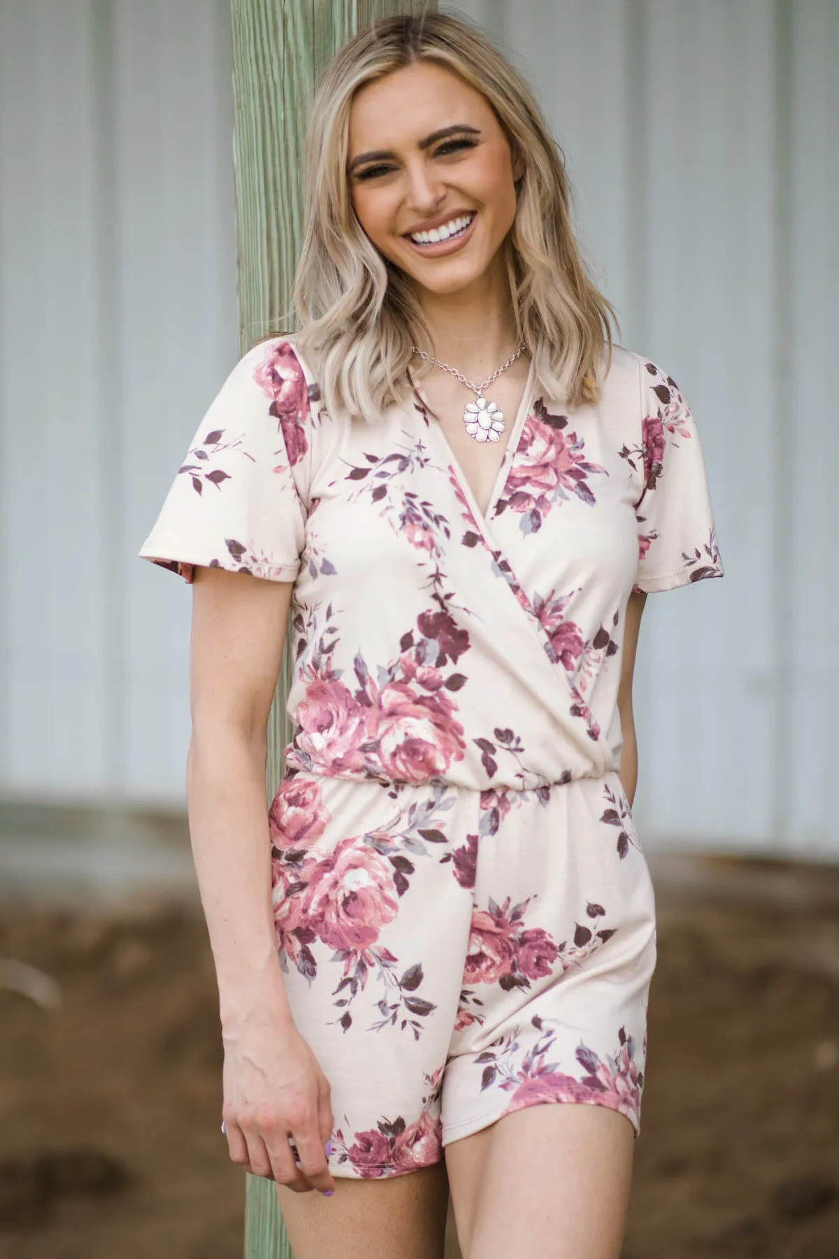 Beige Floral Print Surplice Front Knit Romper