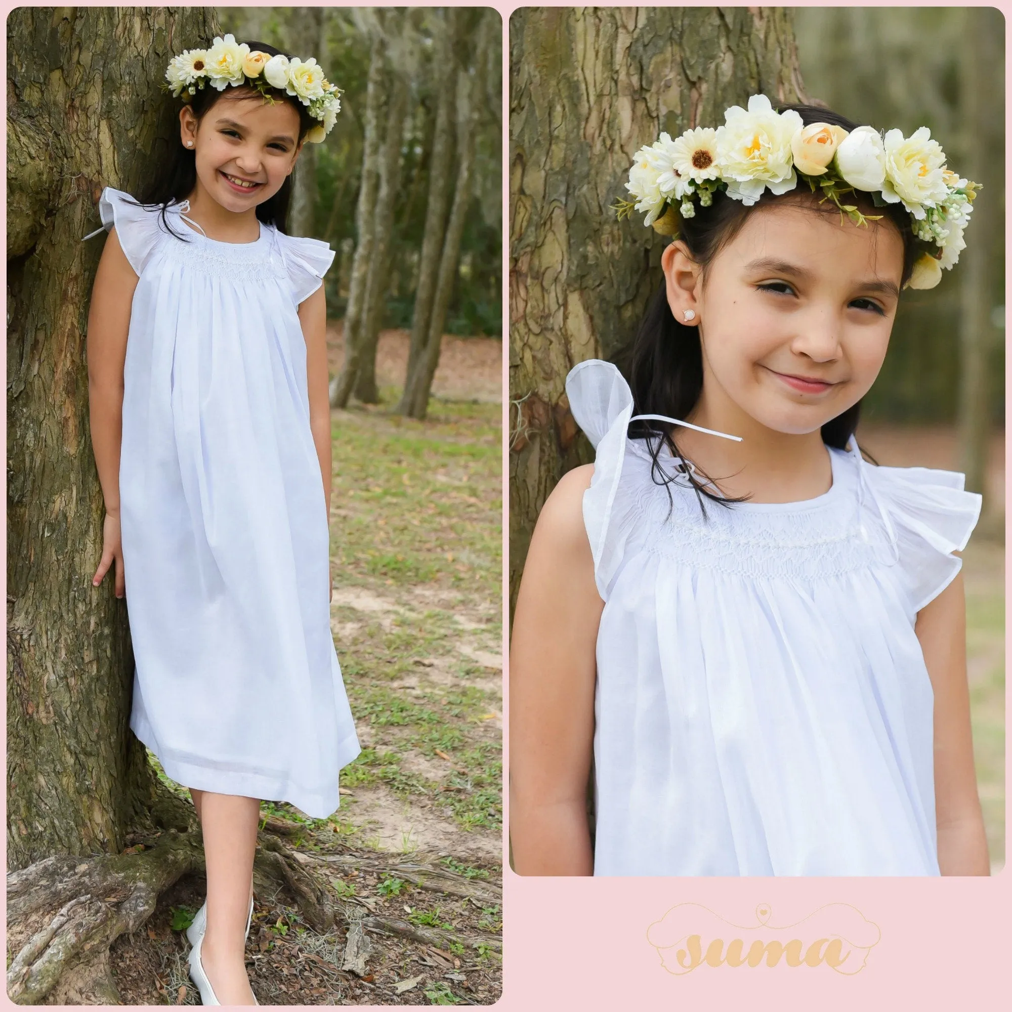 Bishop Flower Girl  Dresses White Cotton Fabric, Angel Slevees ,  Smocked Dresses, Hand Made