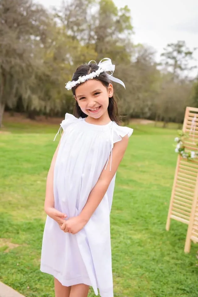 Bishop Flower Girl  Dresses White Cotton Fabric, Angel Slevees ,  Smocked Dresses, Hand Made