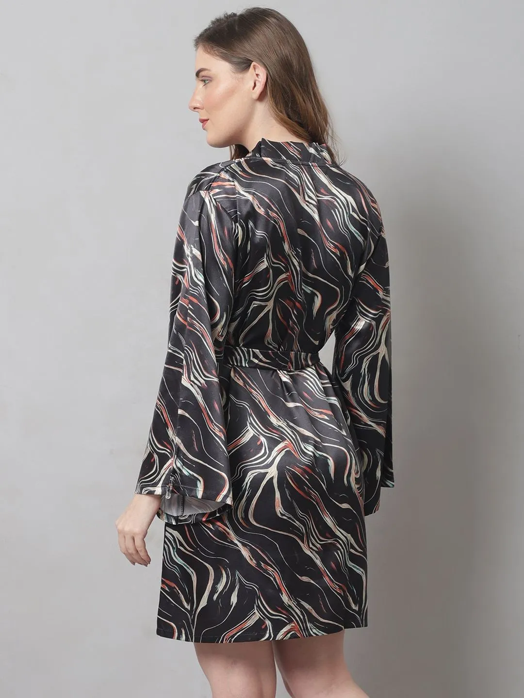 Black Digital Printed Satin Robe For Women