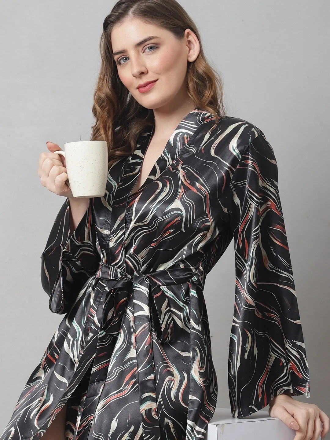 Black Digital Printed Satin Robe For Women