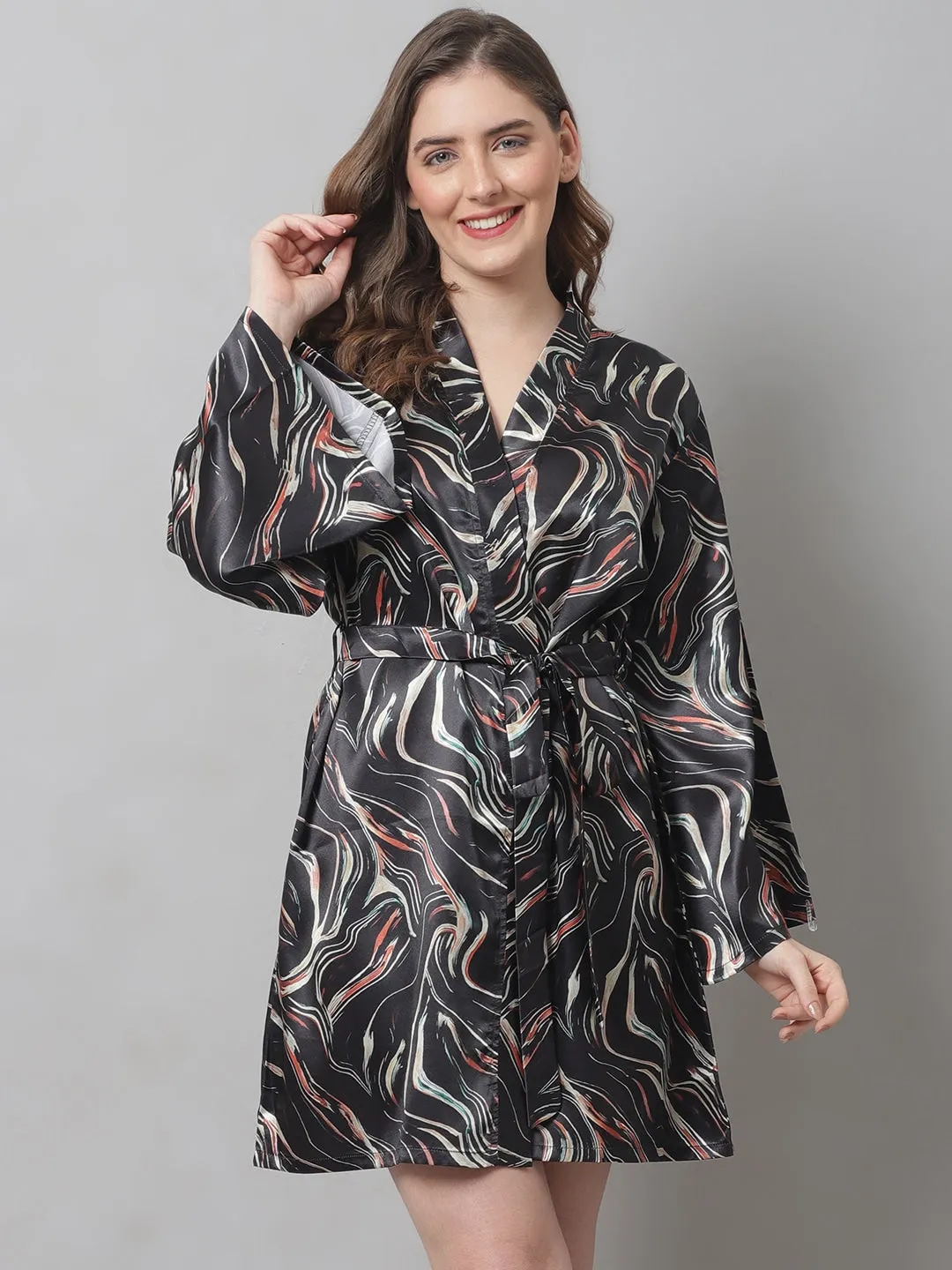 Black Digital Printed Satin Robe For Women