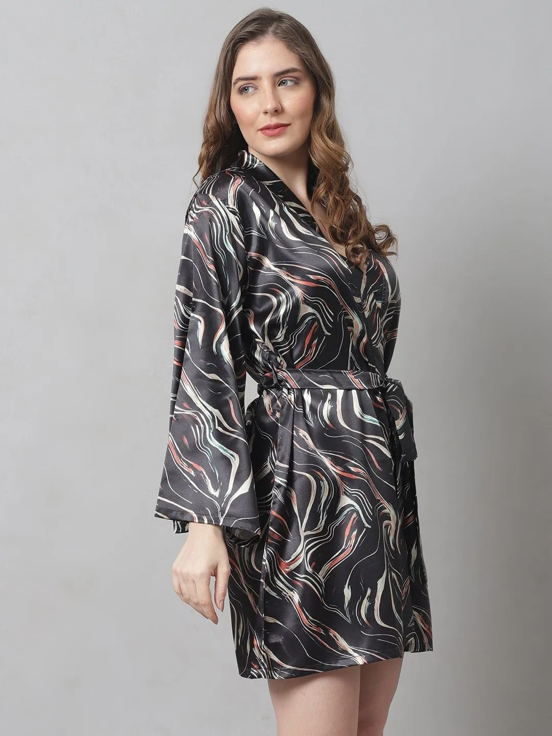 Black Digital Printed Satin Robe For Women