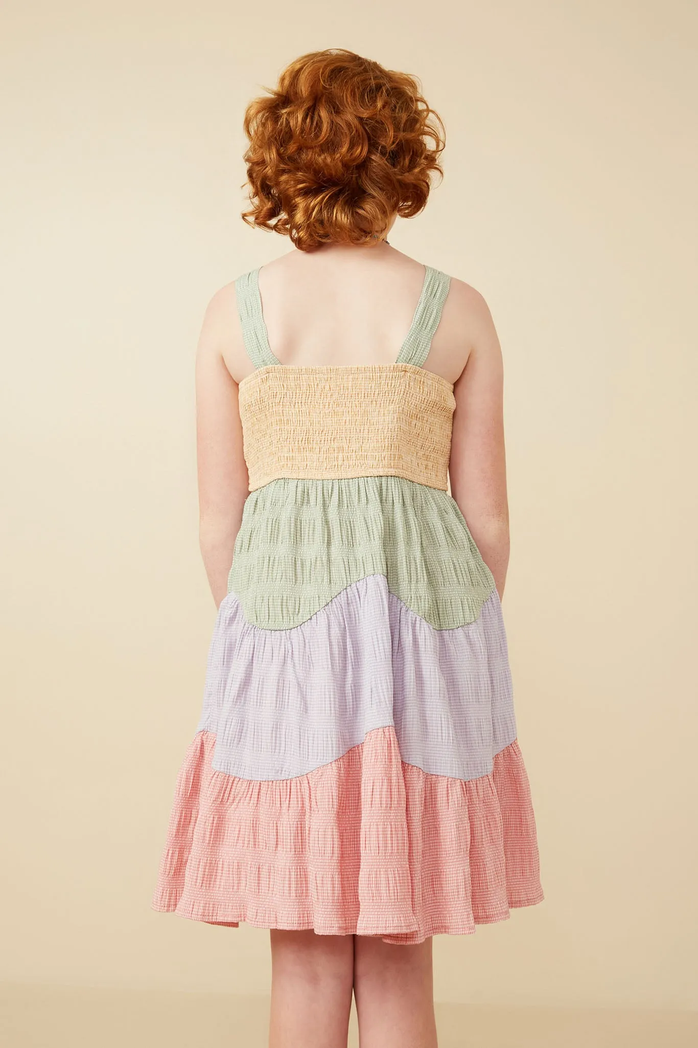 Button Detail Wavy Tiered Color Block Dress
