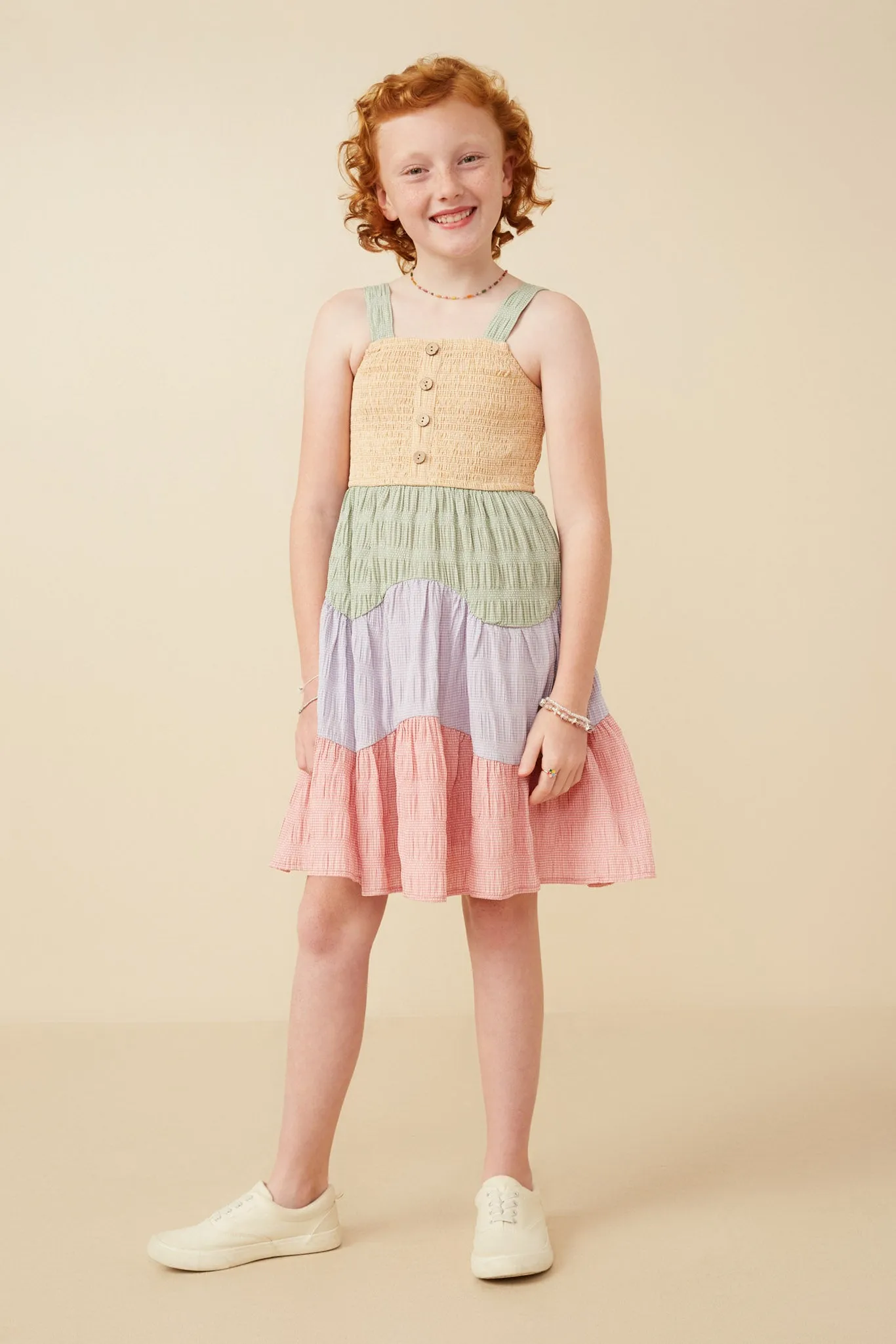 Button Detail Wavy Tiered Color Block Dress