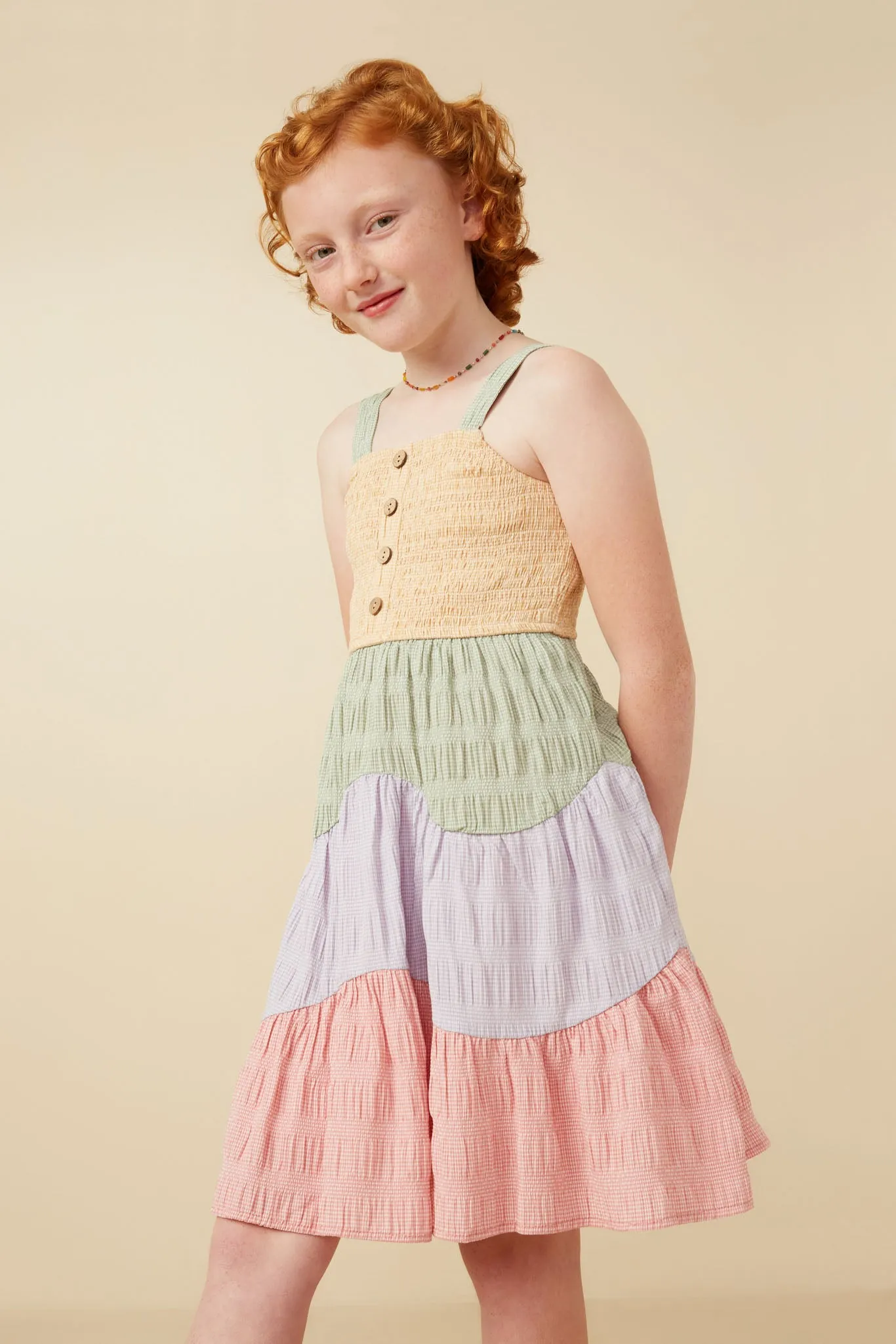 Button Detail Wavy Tiered Color Block Dress
