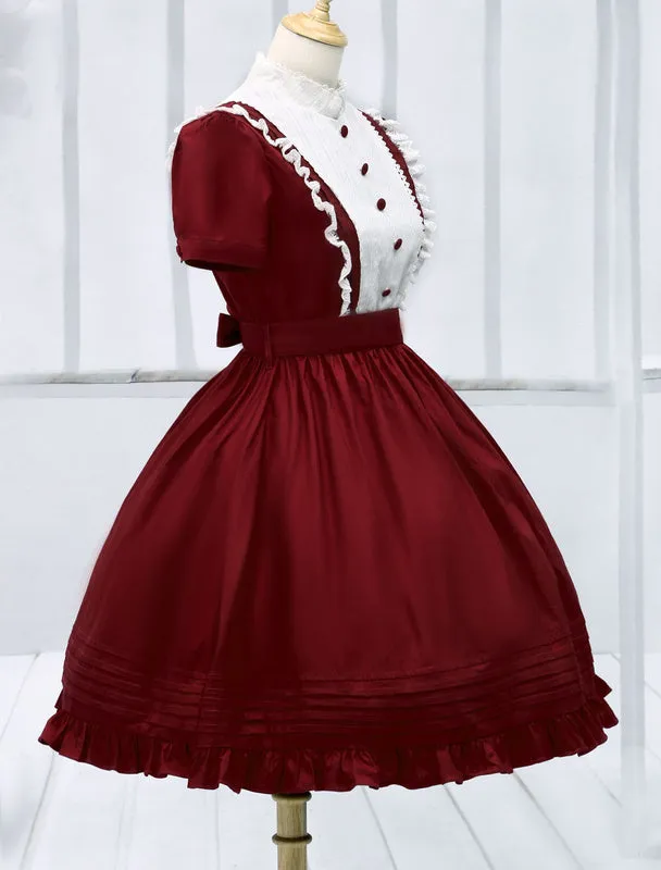 Dark Red Cotton Lolita One-piece Dress Short Sleeves Stand Collar Waist Belt
