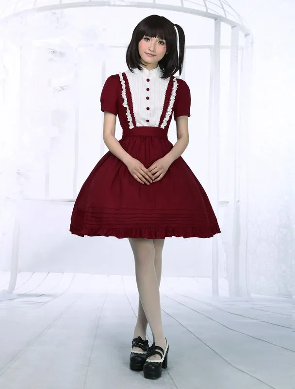 Dark Red Cotton Lolita One-piece Dress Short Sleeves Stand Collar Waist Belt