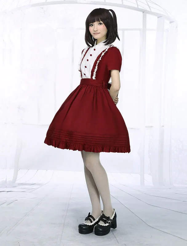 Dark Red Cotton Lolita One-piece Dress Short Sleeves Stand Collar Waist Belt