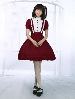 Dark Red Cotton Lolita One-piece Dress Short Sleeves Stand Collar Waist Belt