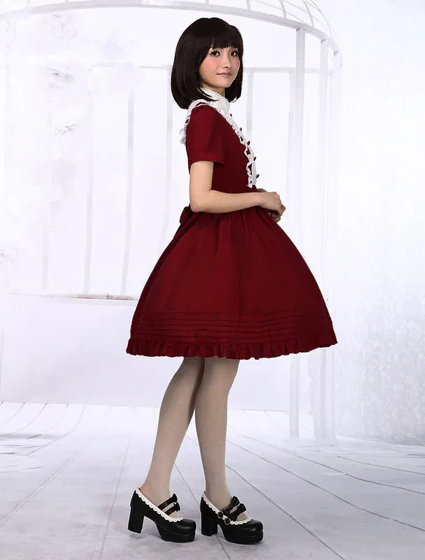 Dark Red Cotton Lolita One-piece Dress Short Sleeves Stand Collar Waist Belt
