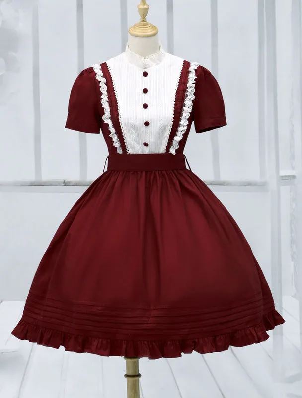 Dark Red Cotton Lolita One-piece Dress Short Sleeves Stand Collar Waist Belt