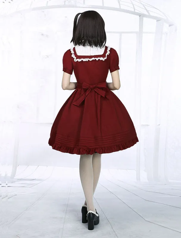 Dark Red Cotton Lolita One-piece Dress Short Sleeves Stand Collar Waist Belt