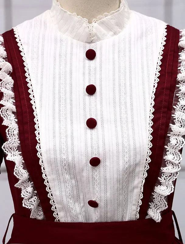 Dark Red Cotton Lolita One-piece Dress Short Sleeves Stand Collar Waist Belt