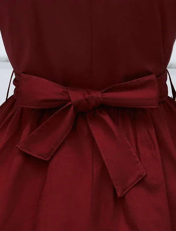 Dark Red Cotton Lolita One-piece Dress Short Sleeves Stand Collar Waist Belt