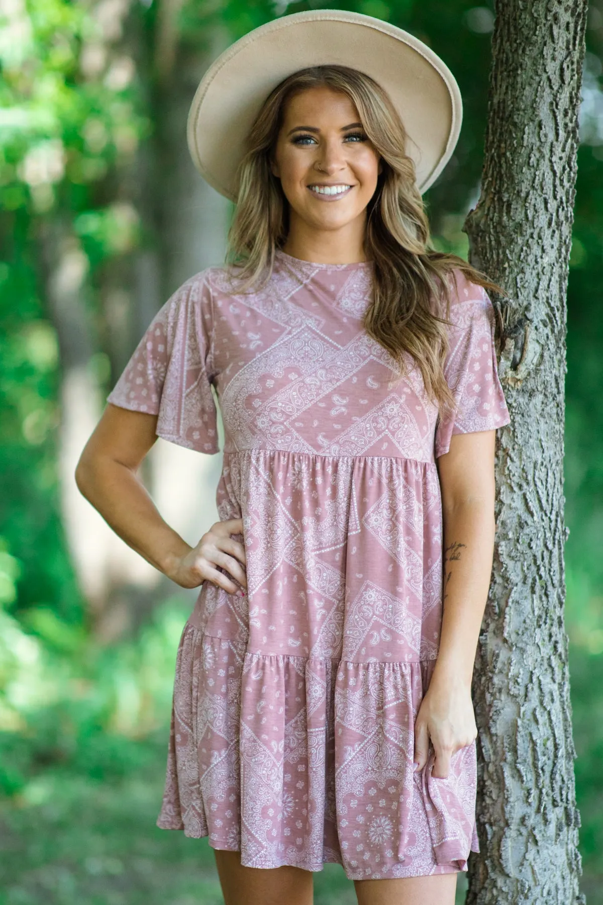 Dusty Rose Bandana Print Knit Dress
