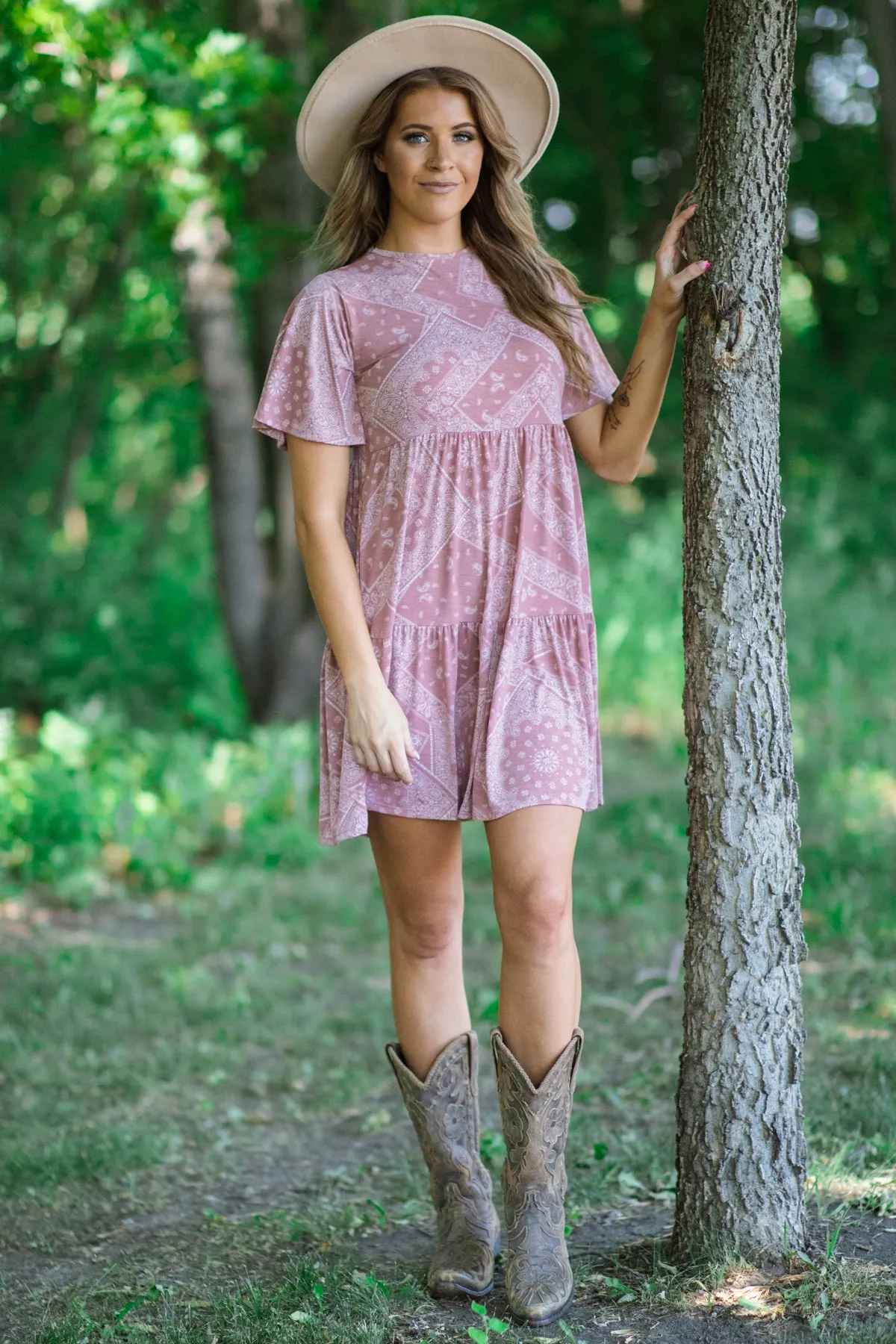 Dusty Rose Bandana Print Knit Dress