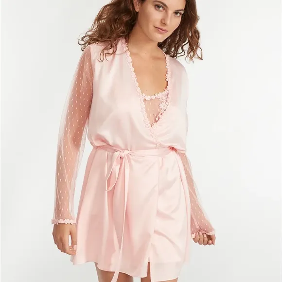 Flora Nikrooz Robe Pink Lace Showstopper Sheer Floral Long Sleeve L/S Size Large