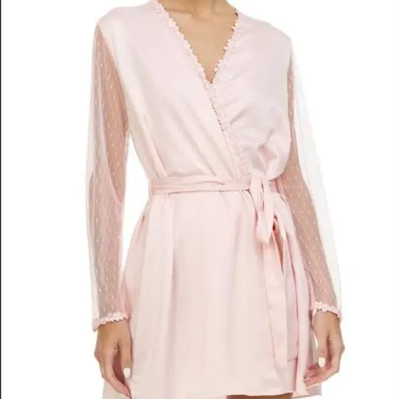 Flora Nikrooz Robe Pink Lace Showstopper Sheer Floral Long Sleeve L/S Size Large
