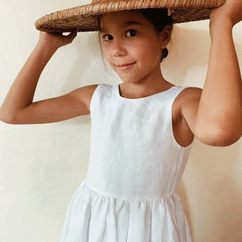 Girls New Back Split Deep V-Neck Sleeveless Cotton And Linen Dress - Green, White