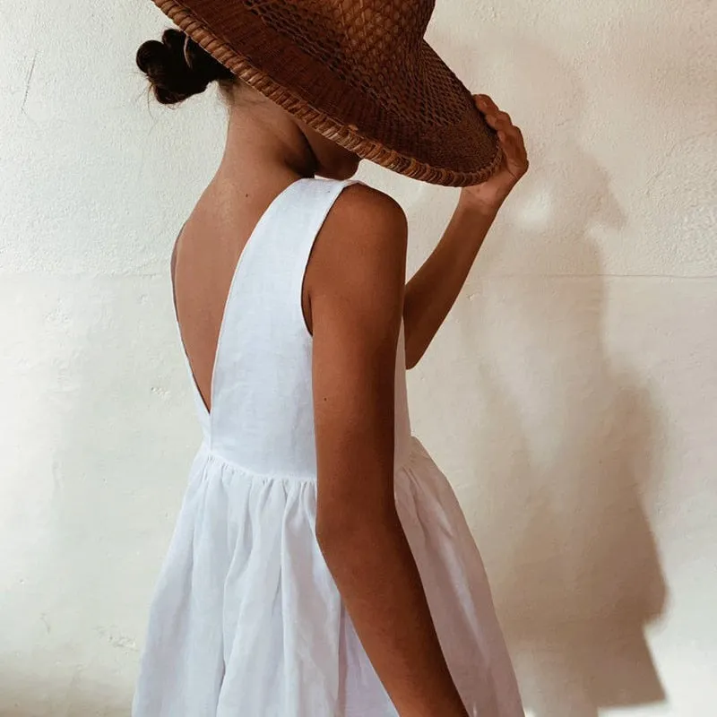 Girls New Back Split Deep V-Neck Sleeveless Cotton And Linen Dress - Green, White