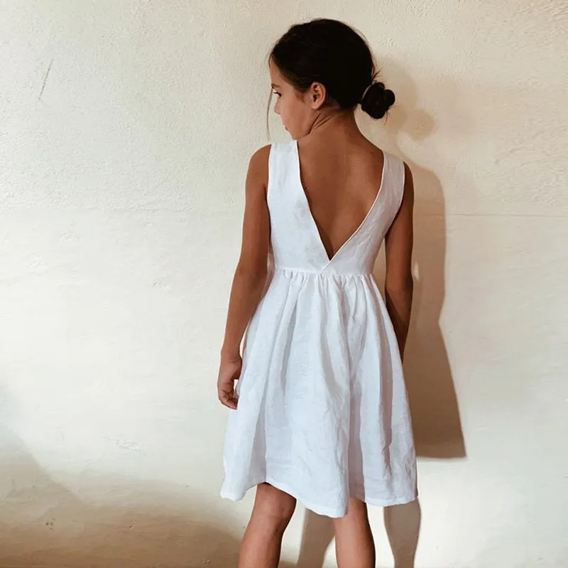 Girls New Back Split Deep V-Neck Sleeveless Cotton And Linen Dress - Green, White