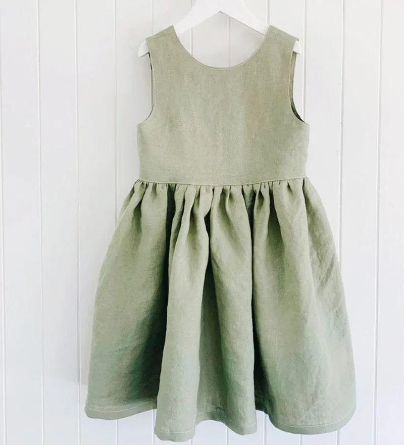Girls New Back Split Deep V-Neck Sleeveless Cotton And Linen Dress - Green, White