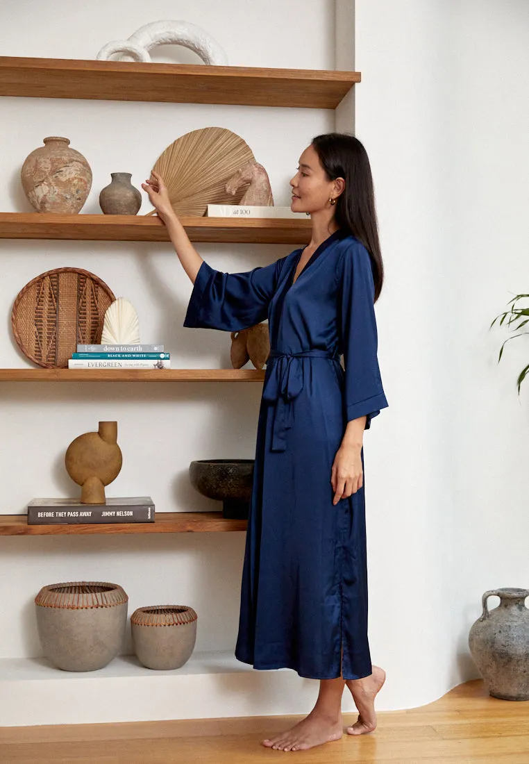 GRACE SATIN SILK KIMONO ROBE NAVY BLUE (LONG)