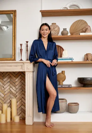 GRACE SATIN SILK KIMONO ROBE NAVY BLUE (LONG)