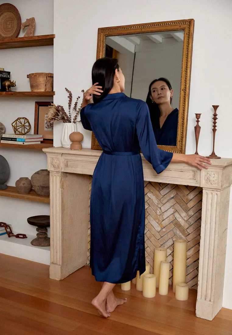 GRACE SATIN SILK KIMONO ROBE NAVY BLUE (LONG)