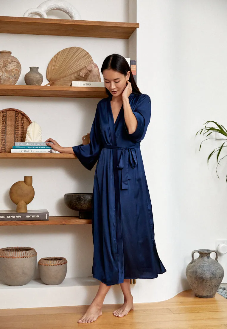 GRACE SATIN SILK KIMONO ROBE NAVY BLUE (LONG)