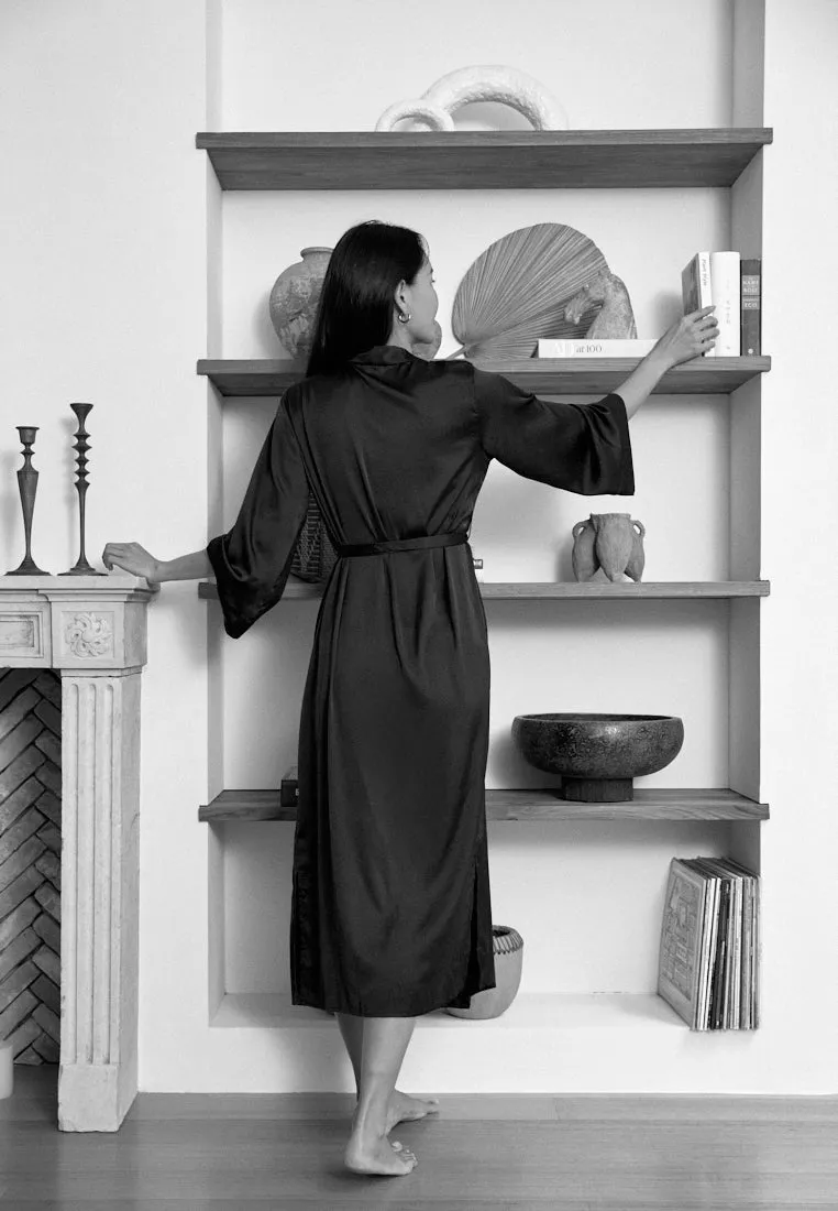 GRACE SATIN SILK KIMONO ROBE NAVY BLUE (LONG)