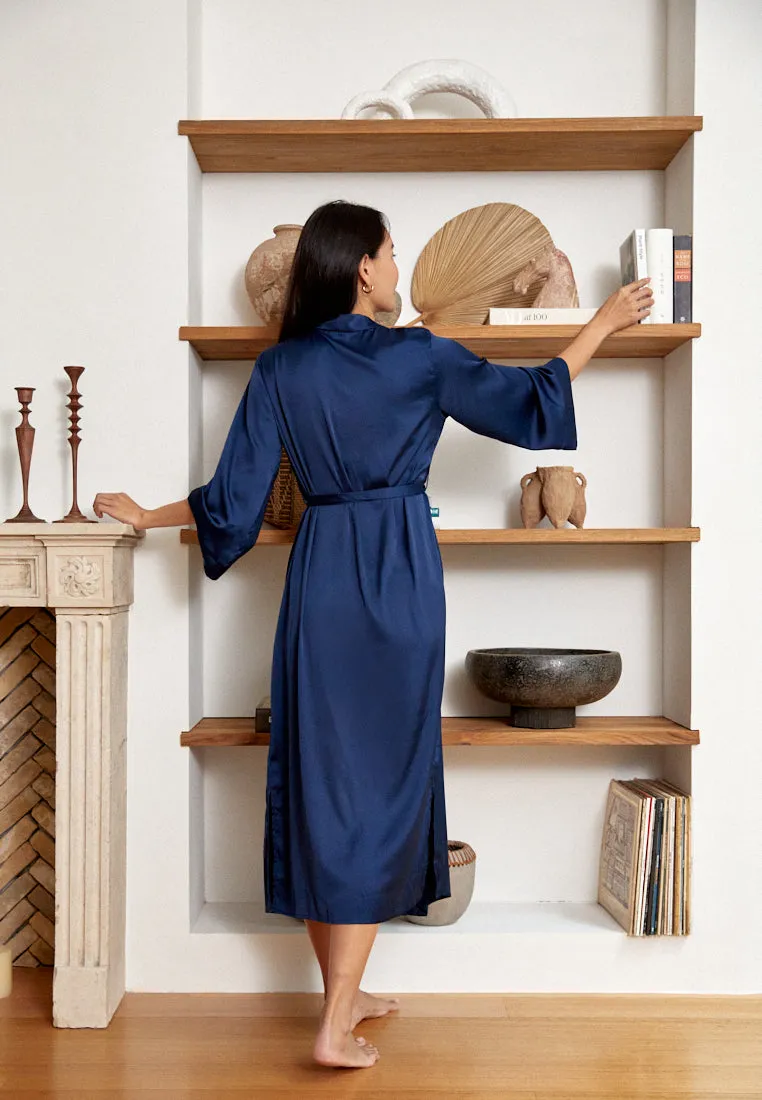 GRACE SATIN SILK KIMONO ROBE NAVY BLUE (LONG)
