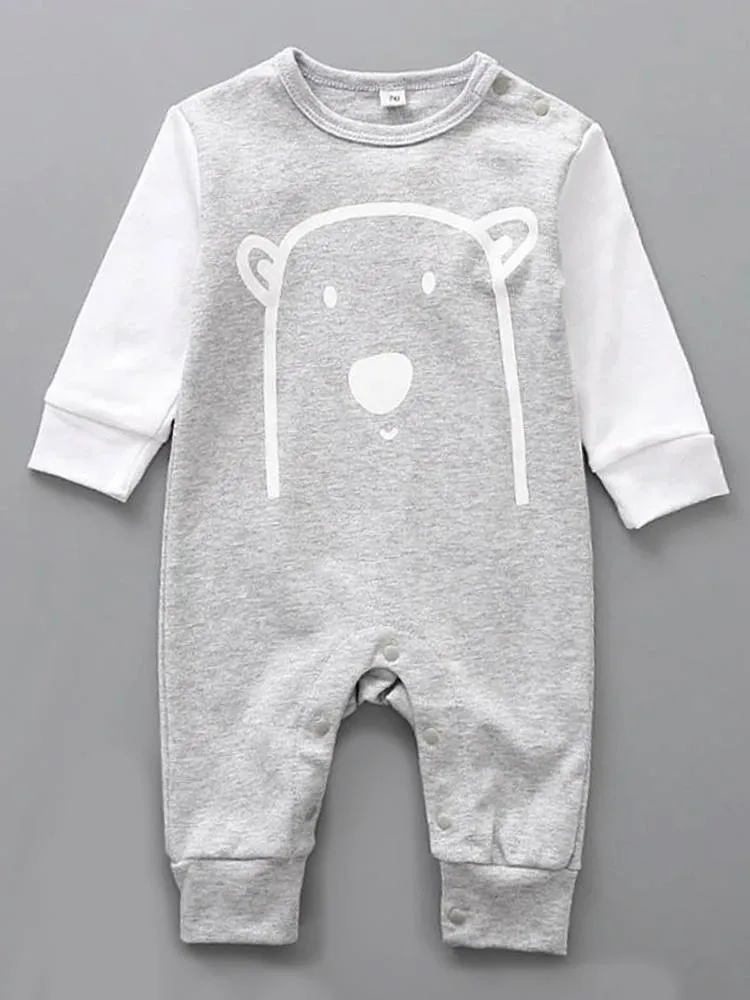 Grey Bear Face Cheek Baby Sleepsuit