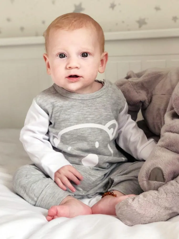 Grey Bear Face Cheek Baby Sleepsuit