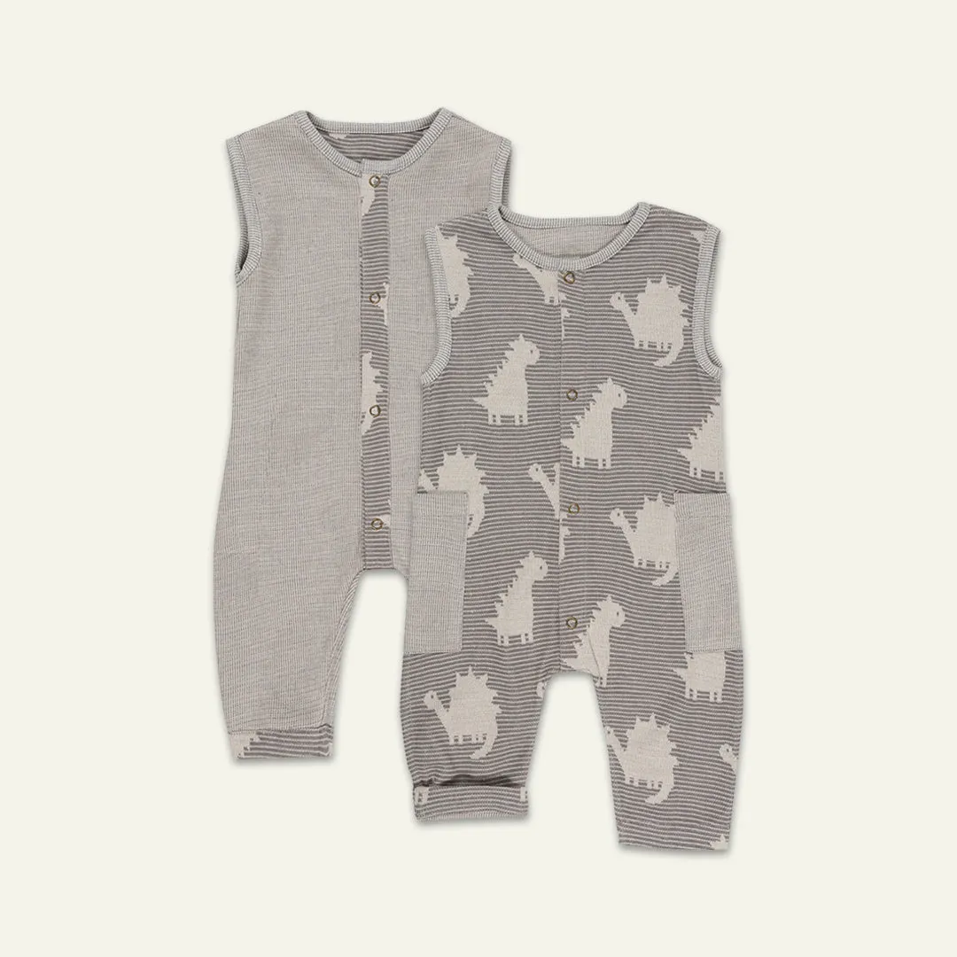 Grey Dinosaur And Stripe Print Romper