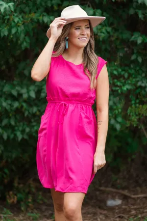 Hot Pink Tie Waist Knit Dress with Pockets