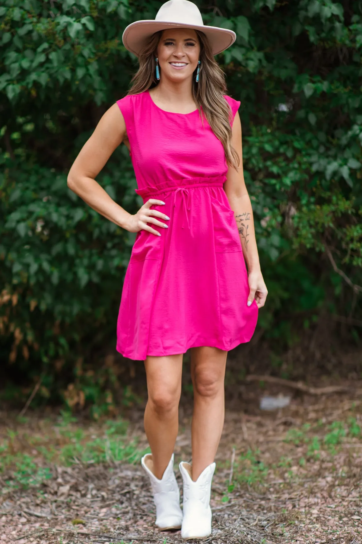 Hot Pink Tie Waist Knit Dress with Pockets
