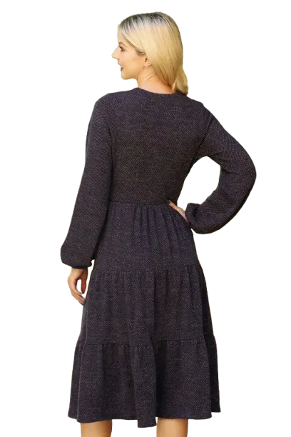 Long Puff Sleeve Elastic Waist Jacquard Knit Tiered Dress Charcoal - Pack of 6