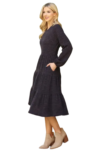 Long Puff Sleeve Elastic Waist Jacquard Knit Tiered Dress Charcoal - Pack of 6
