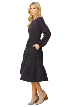 Long Puff Sleeve Elastic Waist Jacquard Knit Tiered Dress Charcoal - Pack of 6