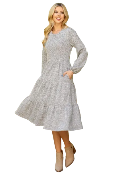 Long Puff Sleeve Elastic Waist Jacquard Knit Tiered Dress Heather Grey - Pack of 6