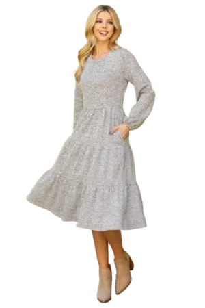 Long Puff Sleeve Elastic Waist Jacquard Knit Tiered Dress Heather Grey - Pack of 6
